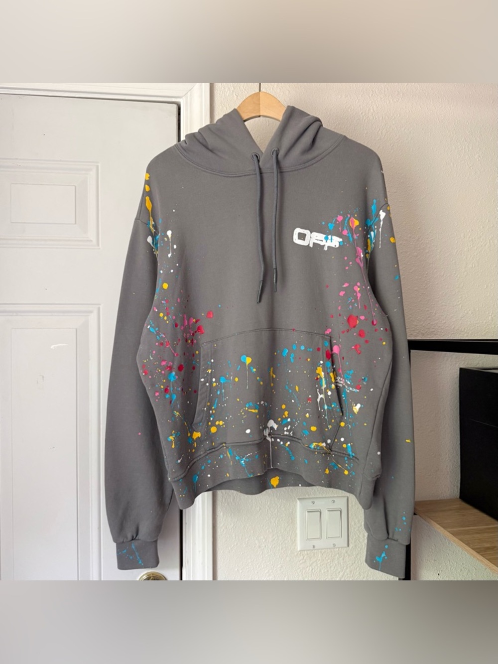 Off-White grey cotton terry knit paint splatter logo graphic pullover hoodie